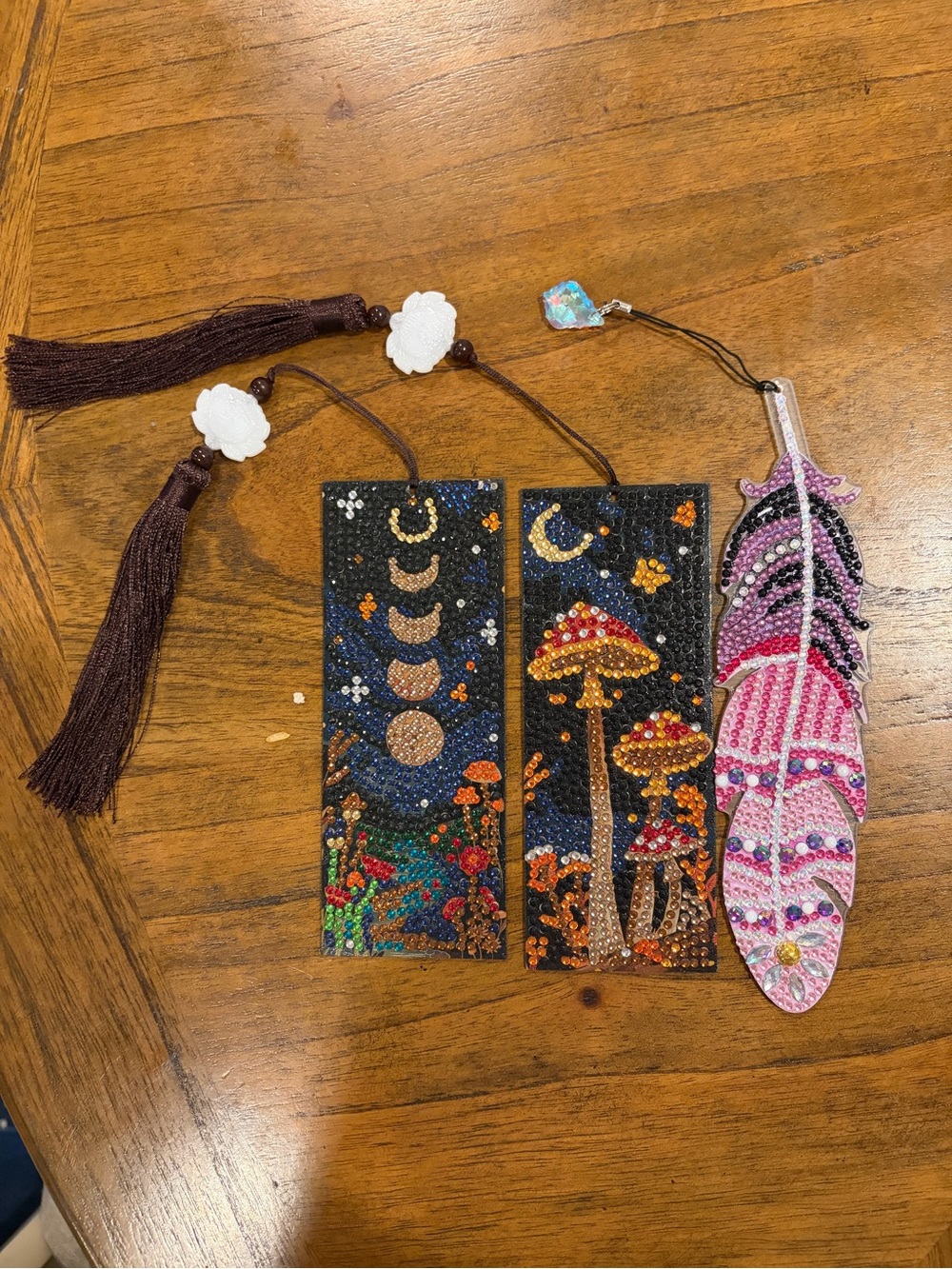 Handcrafted Pink Feather & Black Mushroom Crystal Bookmark Set
